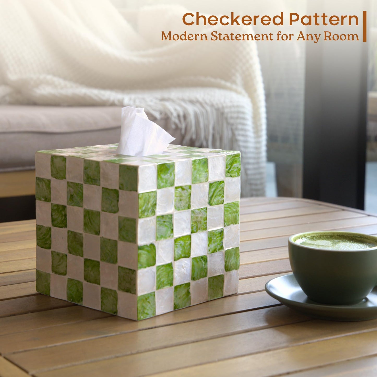 CHI AN HOME 5.7" Square Tissue Box Cover, Handmade Checkered Cube Tissue Box Cover with Capiz Shells, Decorative Tissue Holder for Living Room, Bathroom, Bedroom or Office (Pistachio Green)
