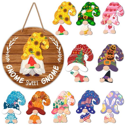 Interchangeable Gnome Welcome Sign Summer Patriotic 4th of July Door Decoration, Changeable Seasonal Front Porch Decor Wood Wreath Gnome Gifts for Spring Fall Winter All Seasons Holiday, Light Brown