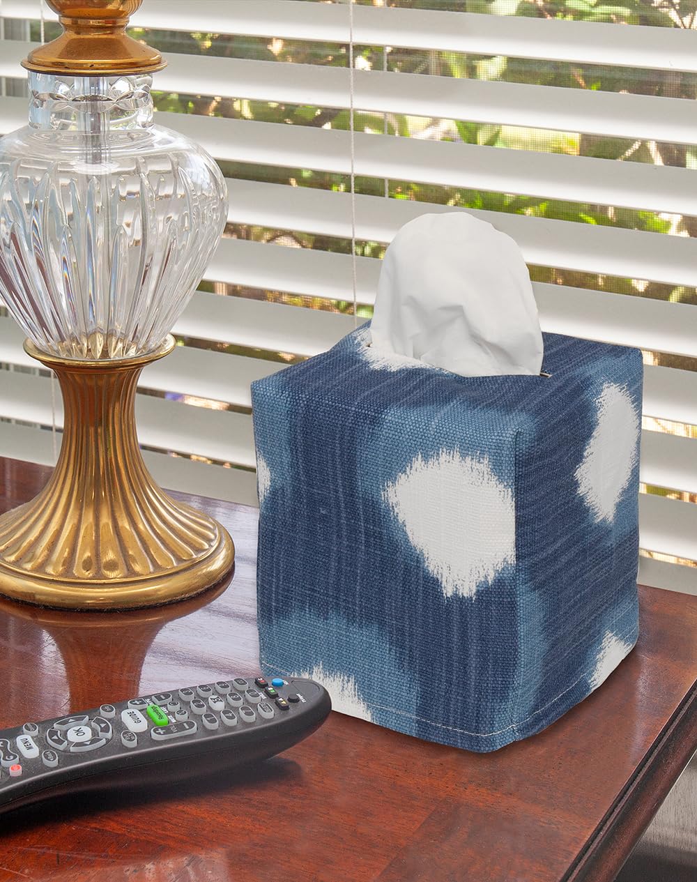 Fabric Tissue Box Cover, Tissue Holder Slipcover, Slips Over Square Cube Cardboard Facial Tissue Boxes -Decorative Blue Polka Dot Cotton Fabric, Made in USA