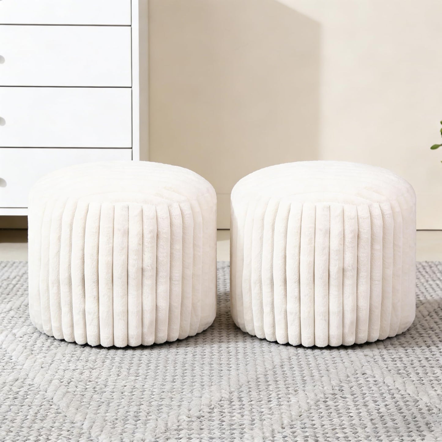 CASYUNE 2 Pcs 20 x 15 Inch Unstuffed Pouf Cover Ottoman Foot Rest - No Filler, Faux Rabbit Fur Foot Stool Floor Bean Bag Floor Chair Storage for Home Decor Bedroom Living Room (White)