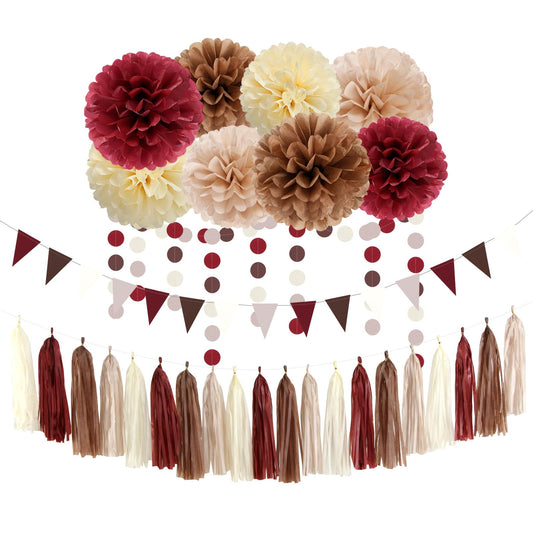 Brown Burgundy Champagne-Gold Party-Decorations - 30pcs Rustic Boho Wedding Tissue Pom-Poms Streamers ,Fall Autumn Tassel Garland Banner,Birthday Baby Bridal Shower Engagement Decor Lasting Surprise