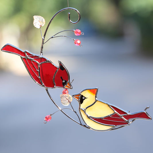 Handmade Cardinal Stained Glass Suncatchers Window Hanging Ornament for Christmas,Memorial Gifts for Women,Red Birds Sun Catcher Decora,Bird Lover Gifts,Real Glass Unique Design