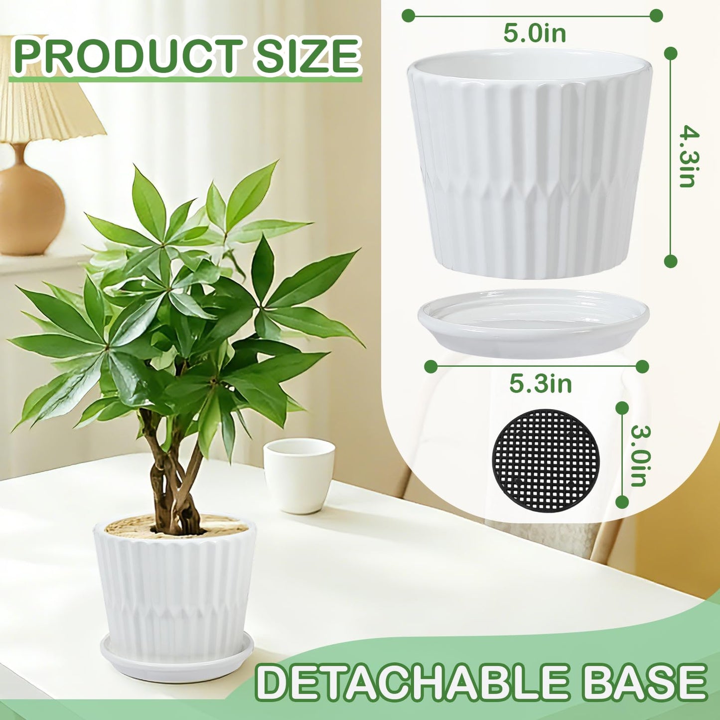 sietpoek Plant Pots - 5.5 Inch Cylinder Ceramic Planters with Connected Saucer, Pots for Succuelnt and Little Snake Plants, Set of 4, White