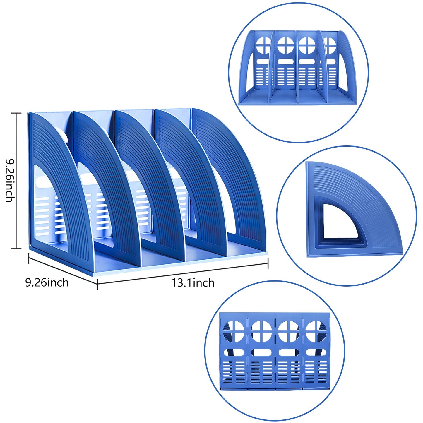 SAYEEC File Holder Storage Folder 4 Compartment Standing Desktop Hollow Organizer Blue Files Shelf Frame Thicken Plastic Paper Notebook Magazine Bookstore for Office School Supplier Students