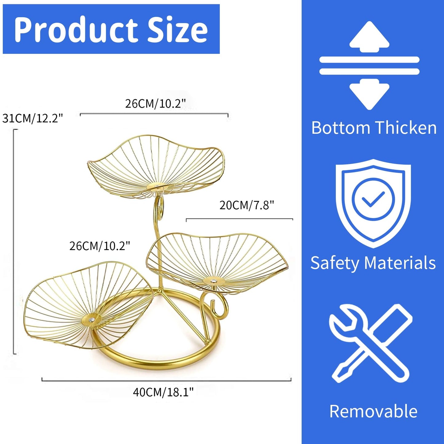 Patravious 3-Tier Fruit Basket, Gold Fruit Basket, Fruit Organizer, 3 Tier Basket Stand Suitable for Kitchen/Living Room