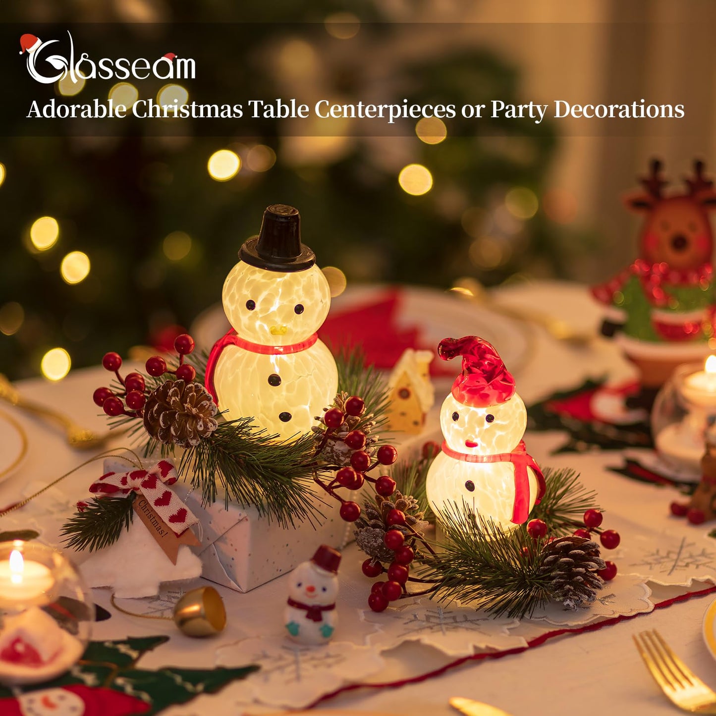 Glasseam Snowman Figurines Christmas Decorations: 2Pcs Cute Glass Light up Snowman Ornaments - LED Christmas Figurines Battery Operated Xmas Decor Gifts for Winter Holiday Home Table Window Fireplace