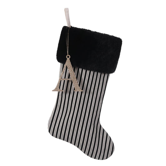 JKSVE 20 Inch Black Vertical Stripe Christmas Stocking, Personalized Gold Wooden Initial Monogram Christmas Stocking,Christmas＆Halloween Holiday Party Decor（A）