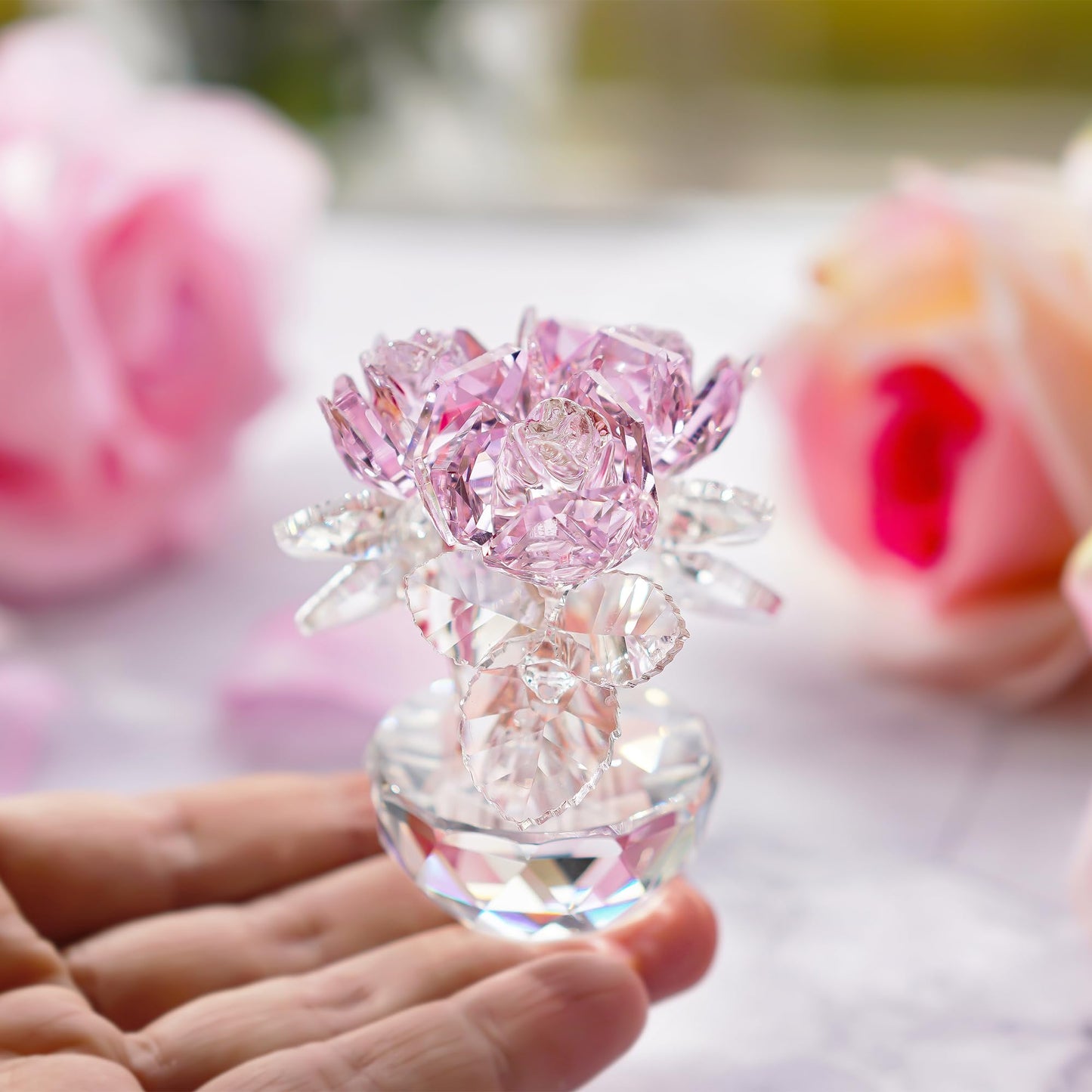 QFkris Pink Crystal Rose Bouquet Flower Figurine for Home Decor 2.8" Glass Flowers Ornament Collection for Women Valentines Day Thanksgiving,Christmas,Mother's Day