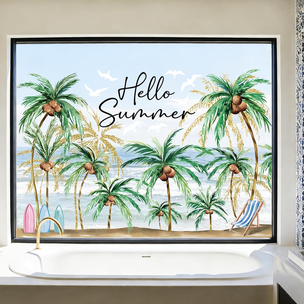 Heirloom Haven Extra Large Hello Summer Window Clings, Summer Sun Beach Window Removable Double Sided Coconut for Glass Windows Home Store Decor