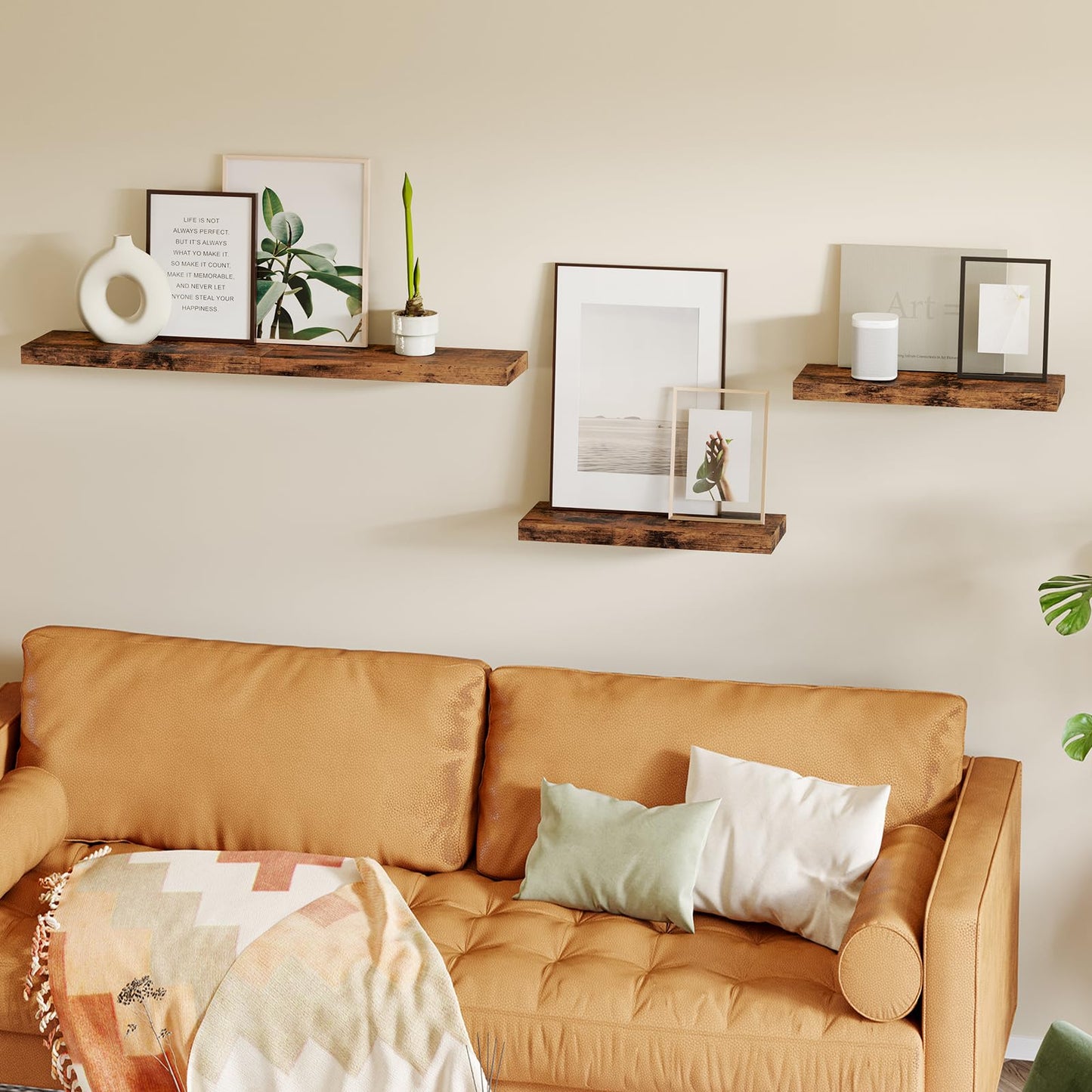Fixwal Wood Floating Shelves, Wall Shelves Set of 4, Shelves for Wall Decor, with Invisible Brackets for Bathroom, Living Room,Bedroom and Kitchen(Rustic Brown)