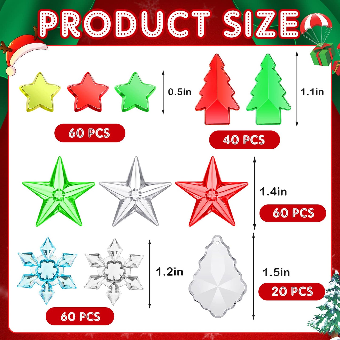 Deekin 240 Pcs Mini Christmas Party Decorations, Small Acrylic Christmas Tree Star Snowflake Ornaments, Miniature Ornaments Filler Table Scatter Vase Filler for Holiday Wreath Tree Gift DIY Craft