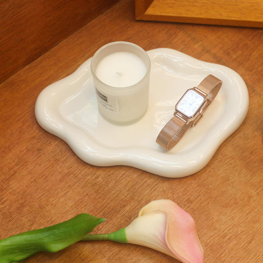 CCINPPY Ceramic Jewelry Tray Trinket Dish, Decorative Cloud Vanity Key Tray for Women, Ring Holder Dish, Cute Jewelry Plate Bowl Room Decor Aesthetic, White, Medium