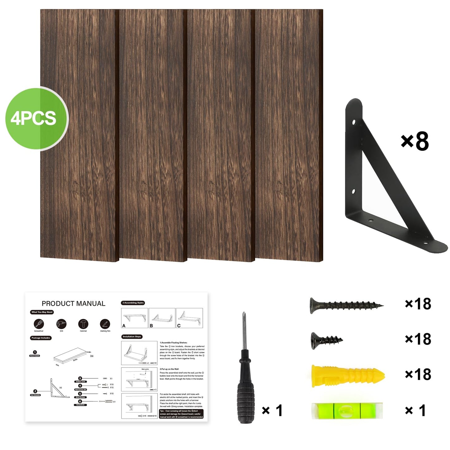 Fixwal Floating Shelves for Wall, Wood Wall Mounted Shelves for Bedroom, Bathroom, Living Room, Kitchen Storage and Decor(Brown, Set of 4, 16.5 Inch)