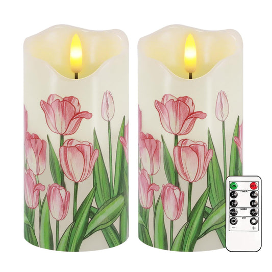 Flameless Candles Set of 2, 6"x3" Flickering Tulip LED Candles with Remote & Timer, Dimmable Real Wax Electric Pillar Candles Battery Operated, Birthday Gift Mother's Day Gift for Mom Women (Tulip)