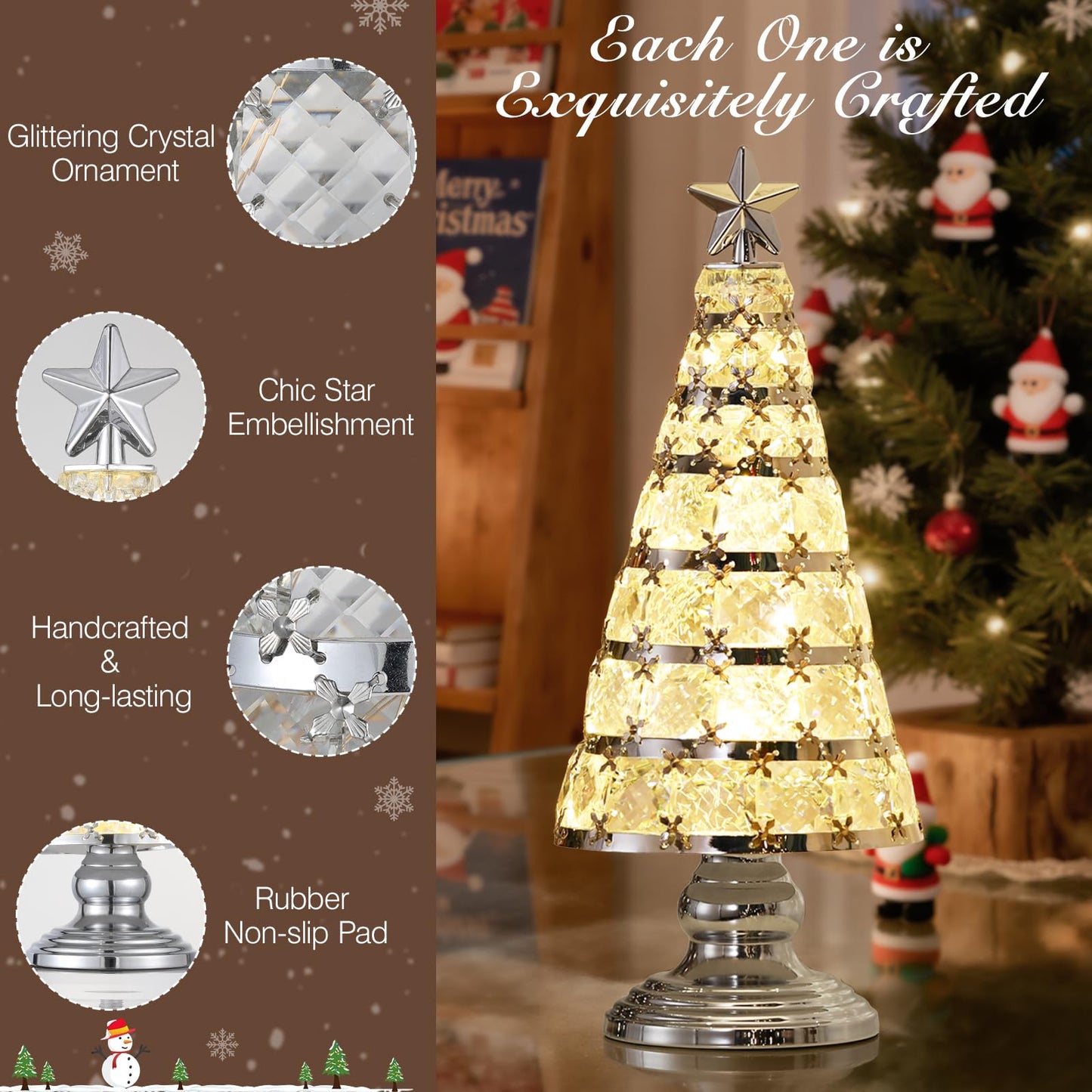 Lewondr Christmas Tree Lamp, 14 Inch Battery Powered Crystal Treetop Lighted Christmas Tree Decorative Light LED Lamp, Handmade Glass Tabletop Christmas Ornament for Home Party Gift, Silver