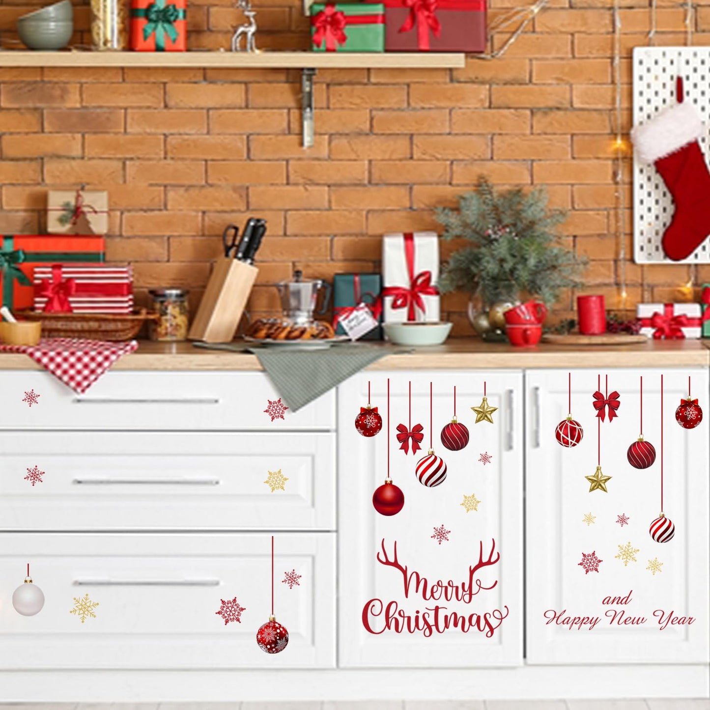 Mfault Merry Christmas and Happy New Year Wall Decals Stickers, Red Gold Xmas Balls Snowflake Decorations Bedroom Art, Winter Holiday Star Bow Antler Home Kitchen Decor