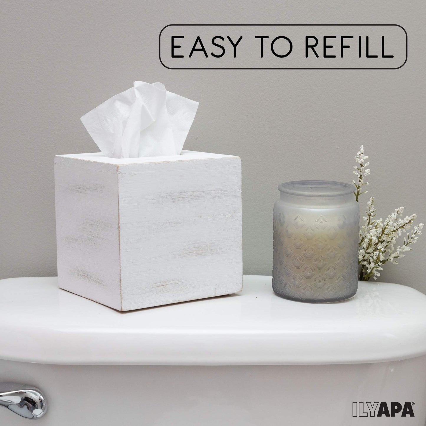 Ilyapa Wood Tissue Box Cover Square - Rustic Farmhouse White Wooden Tissue Holder