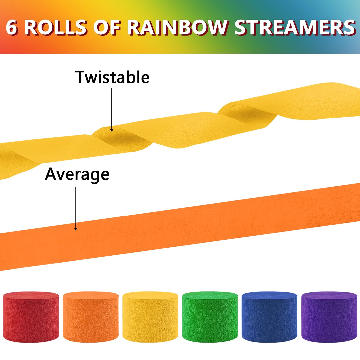 Oun Nana Crepe Paper Streamers 6 Rolls Rainbow Streamers 2.2 Inches 738 Feet, Streamers Party Supplies for Birthday, Wedding, Baby Shower, Bachelorette Party, Graduations Decorations, DIY Crafts