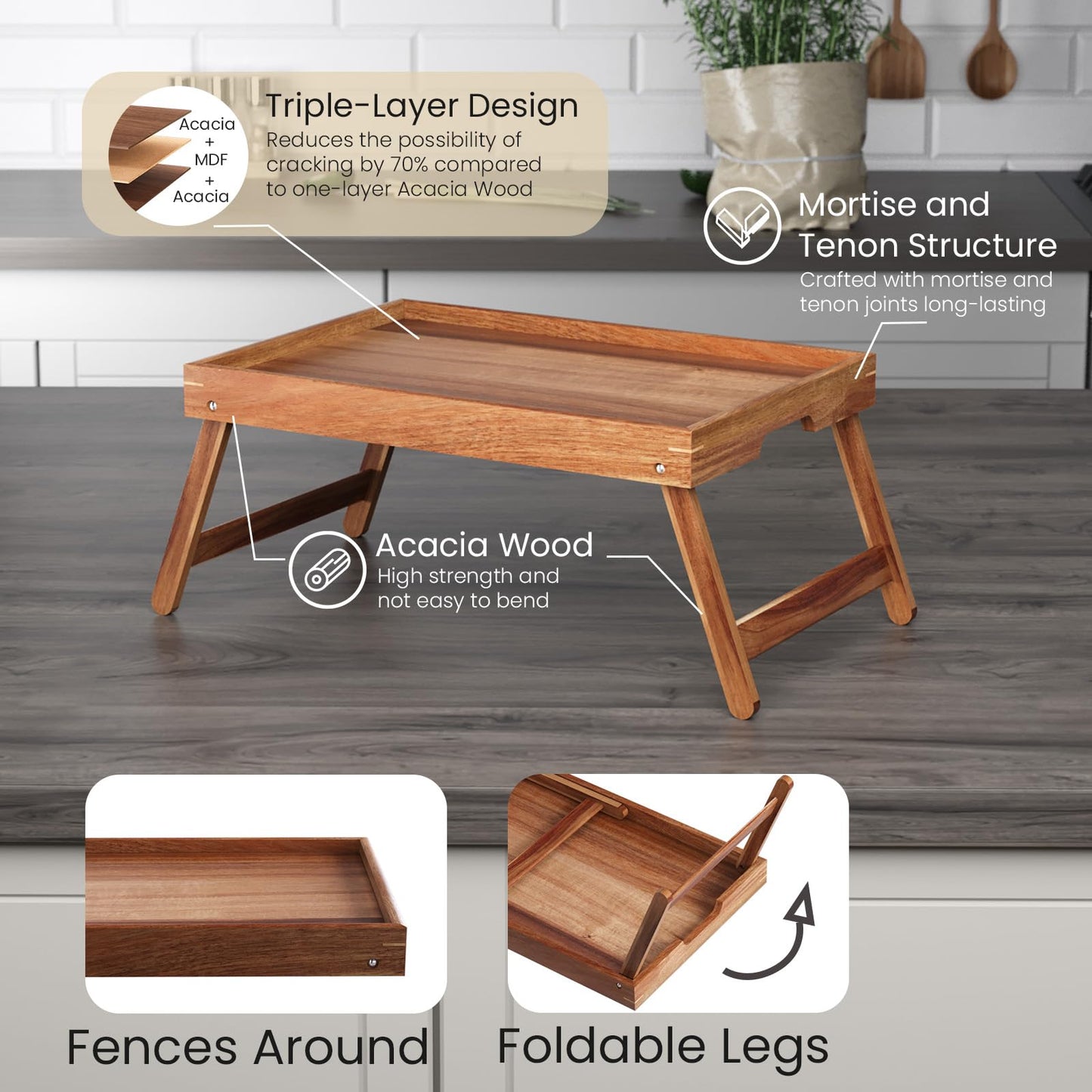 Fibogollo Acacia Wood Bed Tray Table with Folding Legs,Breakfast Trays with Built-in Handles,Serving Tray for Food and Snack,Laptop Trays for Working
