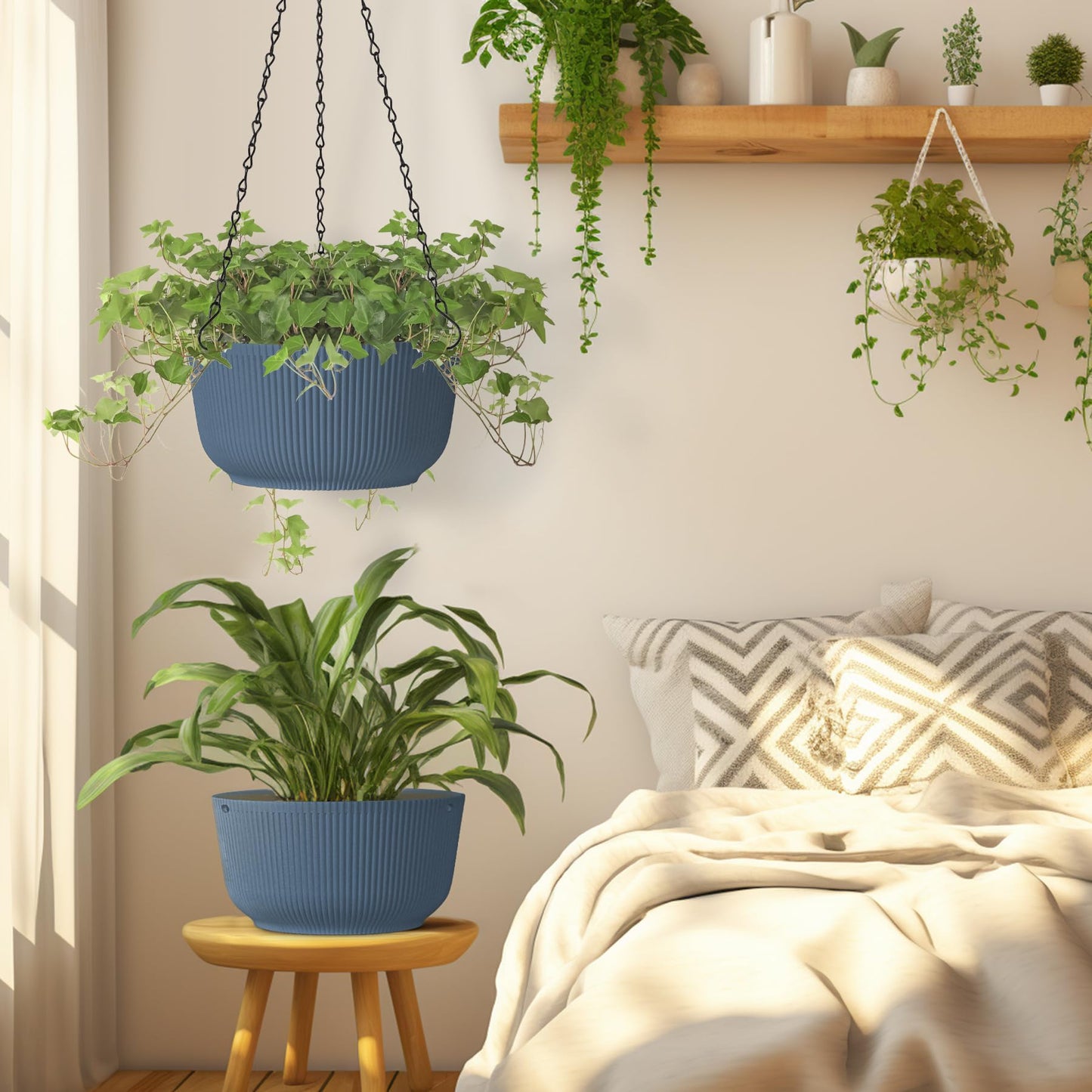 T4U 10 Inch Hanging Planters for Indoor Outdoor Plants, Hanging Baskets for Plants Pack of 2, Self Watering Hanging Pots with Drainage Hole for Garden Home Decor, Blue