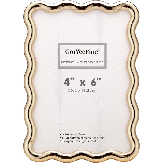 GorYeeFine Gold 4 x 6'' High-End Zinc Alloy Picture Frame with Wave Design - Modern Glamour 6x4'' Pictures Frames for Desktop and Wall Décor