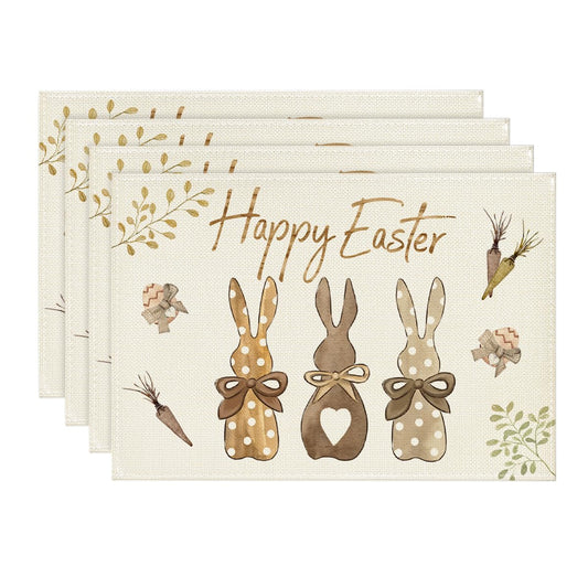 Artoid Mode Carrots Rabbit Bunny Happy Easter Placemats for Dining Table, 12 x 18 Inch Spring Seasonal Holiday Decoration Rustic Vintage Washable Table Mats Set of 4