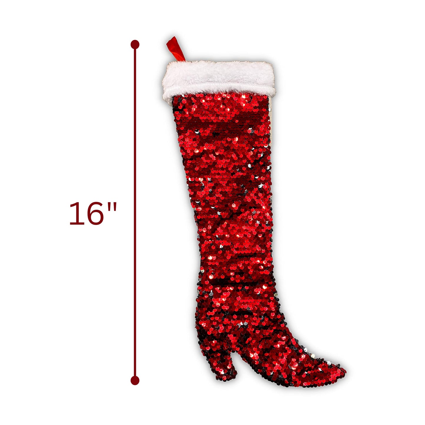 Needzo Women's High Heel Boot Shaped Reversible Sequin Christmas Stocking, Red and Silver Flip Sequins Hanging Fireplace Decoration, 16 Inches