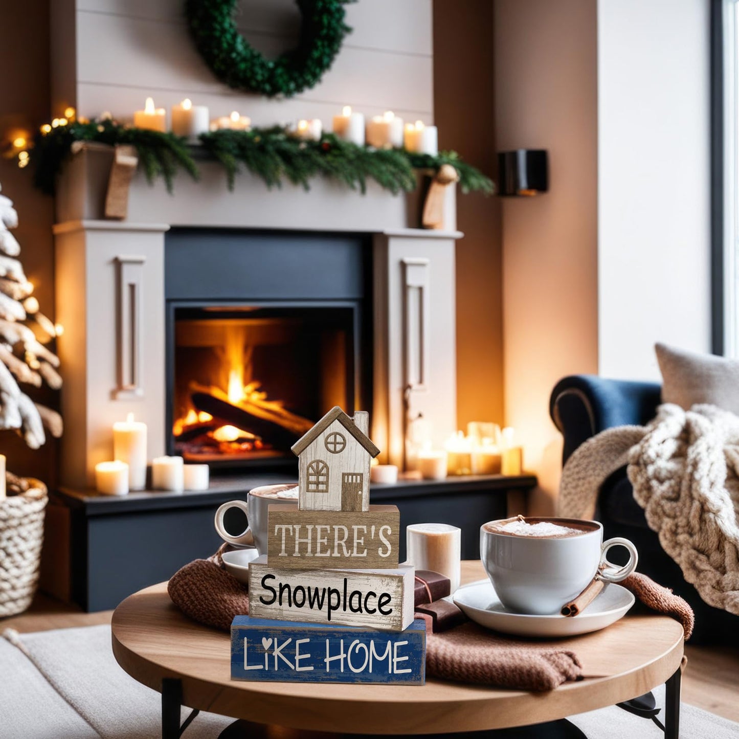 Lineshading 4 Pcs Winter Table Decoration Wooden House Decor Winter Tiered Tray Decor Rustic Decorative House Block Signs Gifts Christmas Centerpieces Farmhouse Sweet Home Decoration for Kitchen Desk