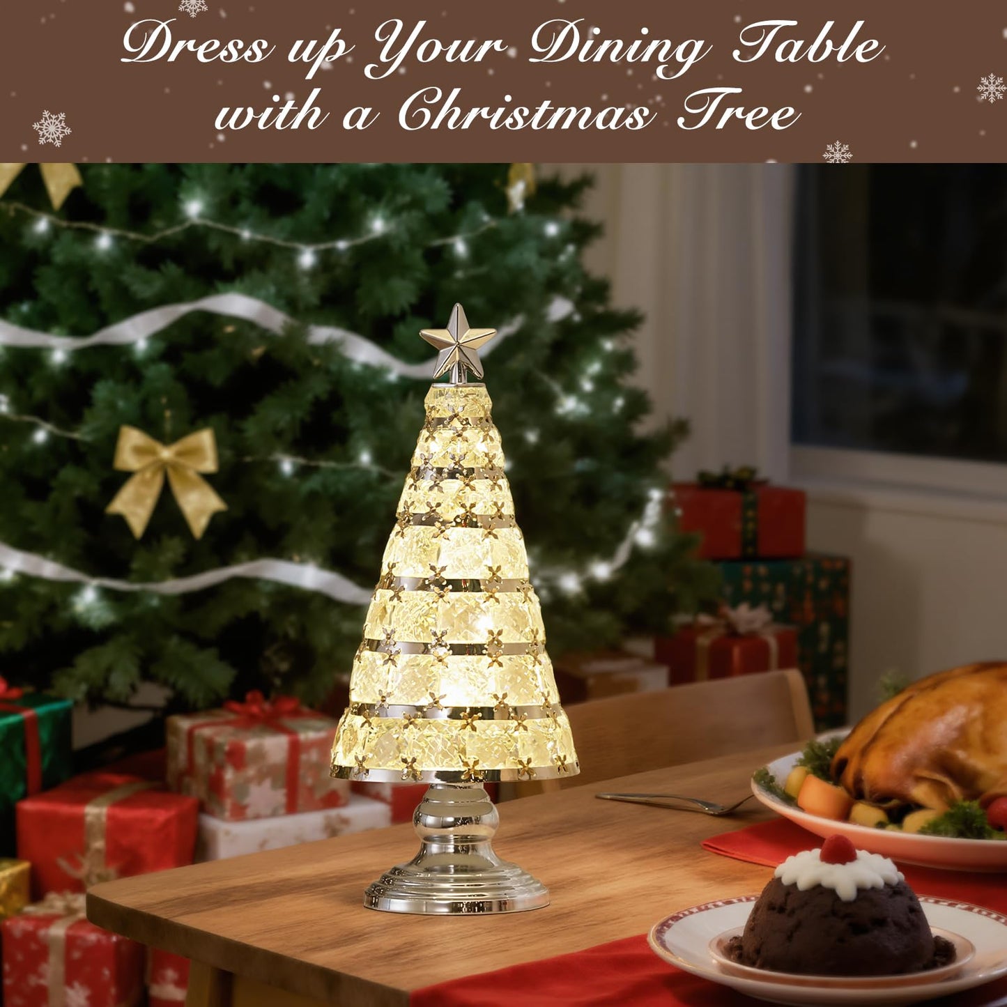 Lewondr Christmas Tree Lamp, 14 Inch Battery Powered Crystal Treetop Lighted Christmas Tree Decorative Light LED Lamp, Handmade Glass Tabletop Christmas Ornament for Home Party Gift, Silver