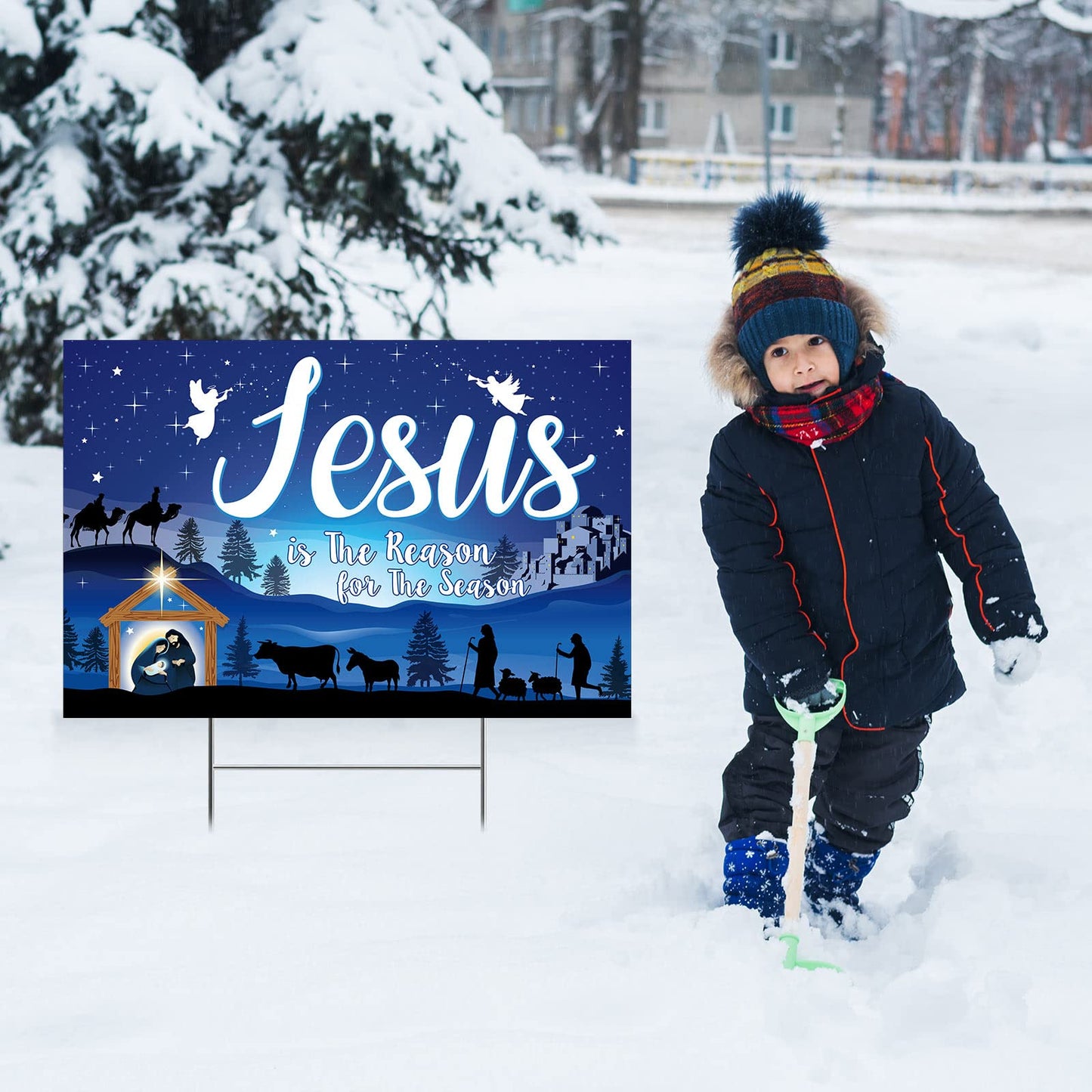 Capoda 24inch Christmas Holy Nativity Yard Sign with Stakes Jesus Is the Reason for Season Lawn Sign Manger Religious Xmas Yard Decorations Outdoor for Religious Xmas Outdoor Party Decor(Blue)