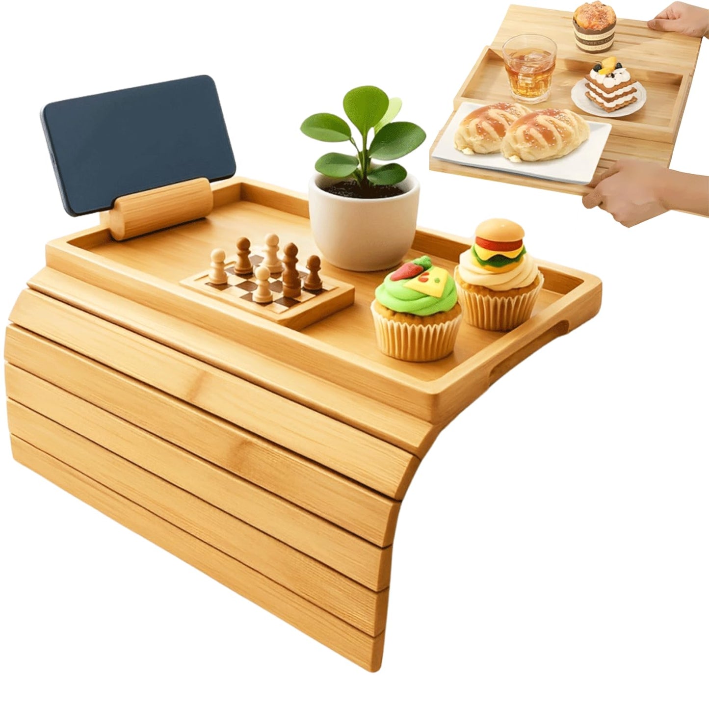 Foldable Bamboo Couch Arm Tray with Detachable Couch Cup Holder– Sofa Armrest Table for Remote, Snacks, Phone – Portable Armrest Caddy Tray for Sofa, Recliner, or Armchair
