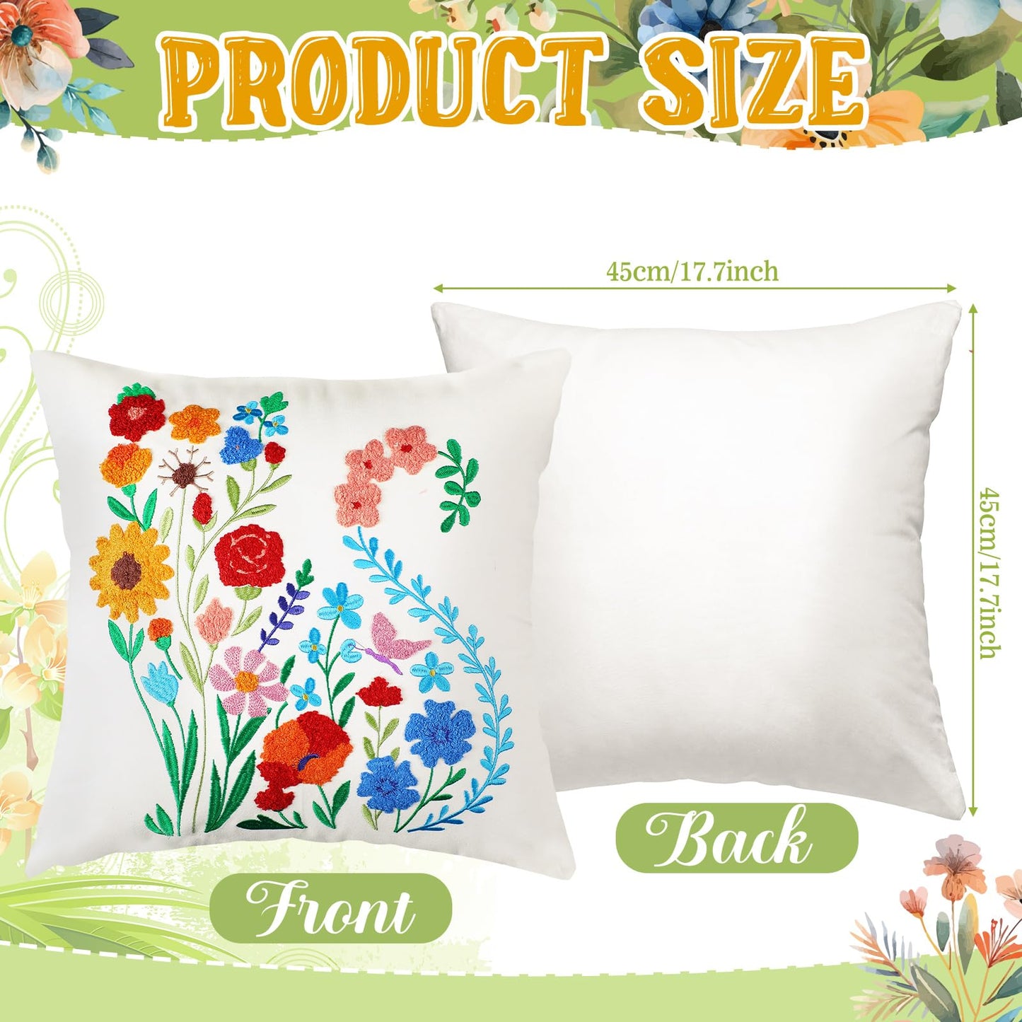 Mindsoft 2 Pcs Flower Throw Pillow Covers 18 x 18 Inch Spring Embroidered Pillow Cover with Zipper Colorful Floral Pillowcase Soft Boho Cushion Case for Living Room Couch Sofa Bed