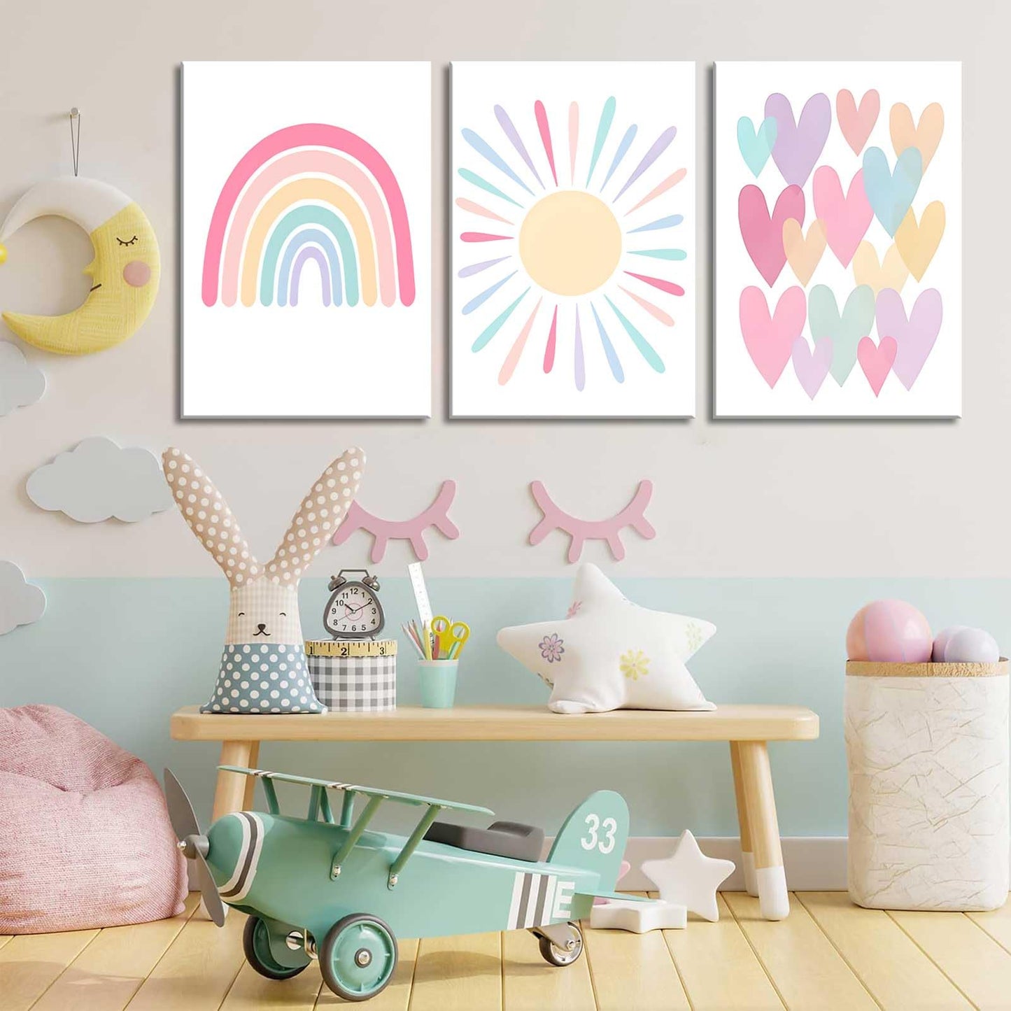 RCJARTI 3Pcs Pink Nursery Canvas Wall Art Rainbow Poster Kids Bedroom Baby Girls Toddler Pastel Wall Decor Prints Sun Boho Pink Sunshine Painting for Classroom School Nursery Decoration 12x16in