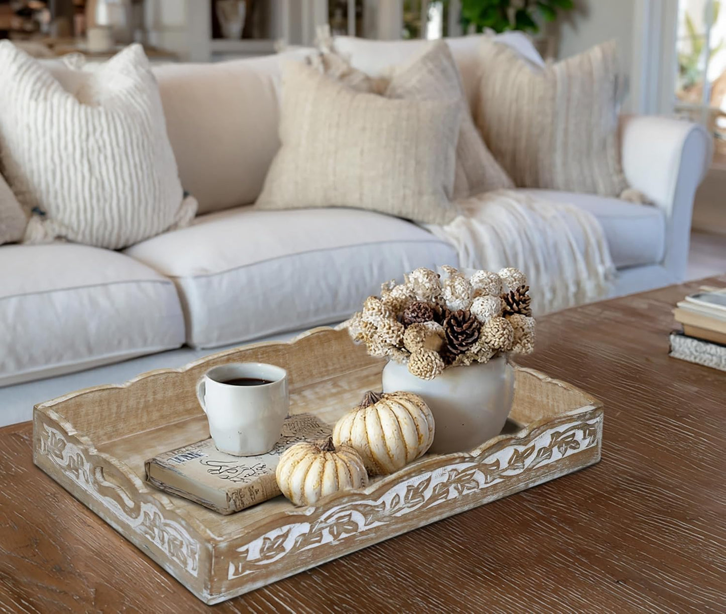 Hand Carved Solid Wood Serving Tray - Decorative Breakfast Tray with Handles - Rustic Food Tray with Intricate Detail - Unique Furnishing Accent - White Wash - 17 x 13 x 2.75 Inches - COTTON CRAFT