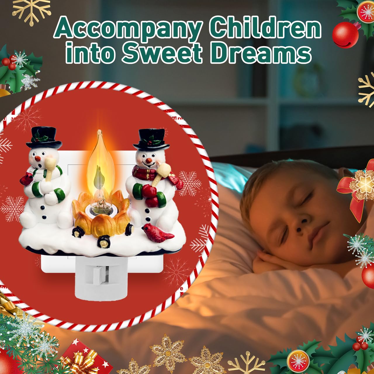 Christmas Decorations，Snowman Campfire Night Light，4 Inch Resin Rotating Plug Christmas Night Light with Flame Flicker Effect, Suitable for Children's Room, Hallway, Living Room, Staircase Decoration