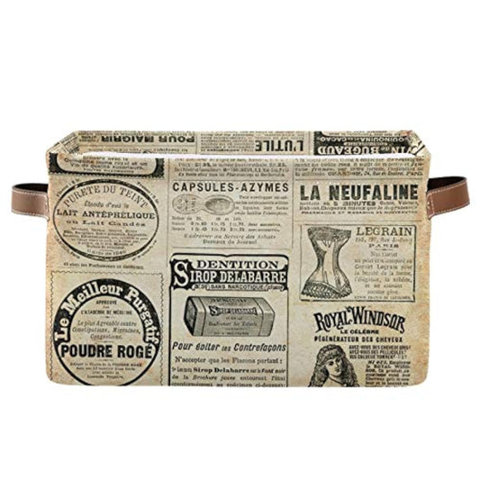 LELEGO Rectangular Storage Basket Vintage Newspaper Quote Storage Bins Boxes Collapsible Storage Cubes Organizer with Leather Handles for Home Organization Shelf Basket Toy Laundry Hamper Nursery