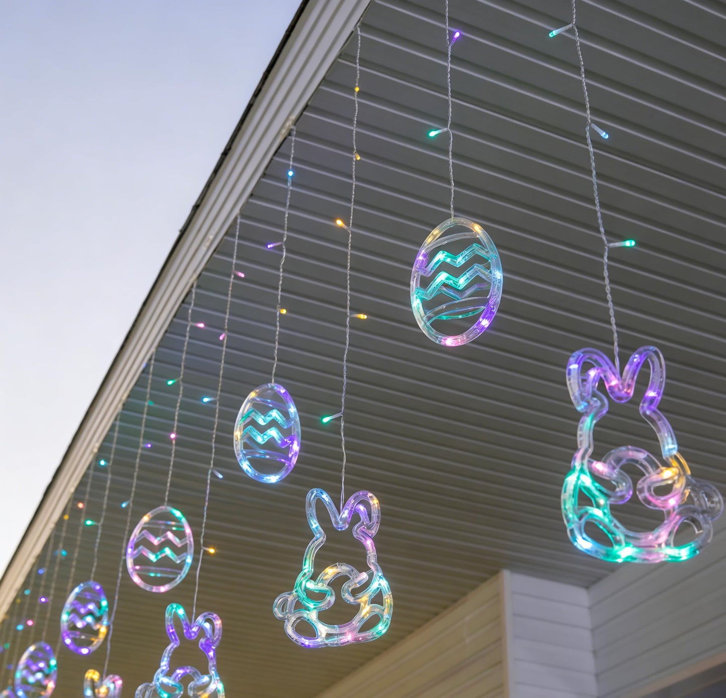 Dazzle Bright Easter Lights, 222LED 9FT Pastel Rabbit and Eggs Curtain String Lights with 8 Modes, Plug in Easter Decorations for Indoor Window Outdoor Party Decor (Pastel)