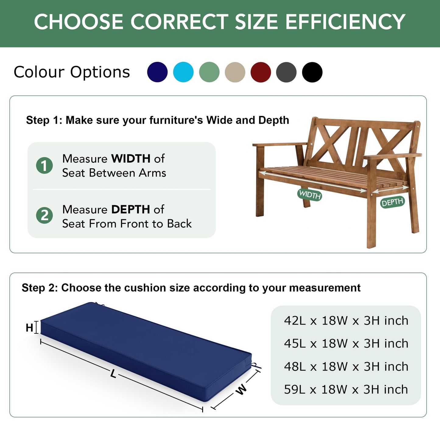 Summsun Outdoor Bench Cushion: Waterproof and Fade Resistant Patio Furniture Cushions - Non-Slip Bench Pad Cushion with Removable Cover for Garden Swing Porch Sofa Settee, 48 x 18 x 3 Inch, Navy Blue