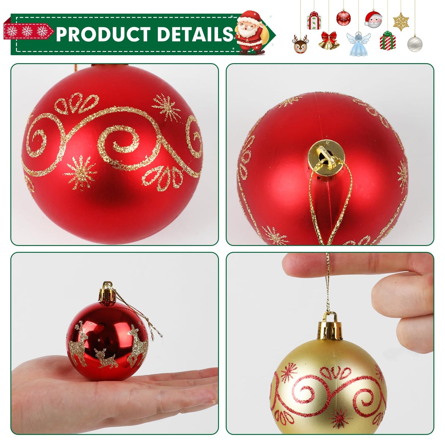 SULOLI Christmas Balls Ornaments Set, 44 Pcs Xmas Shatterproof Plastic Baubles Hanging Balls for Christmas Tree Holiday Party Wedding Decoration (Red & Gold)