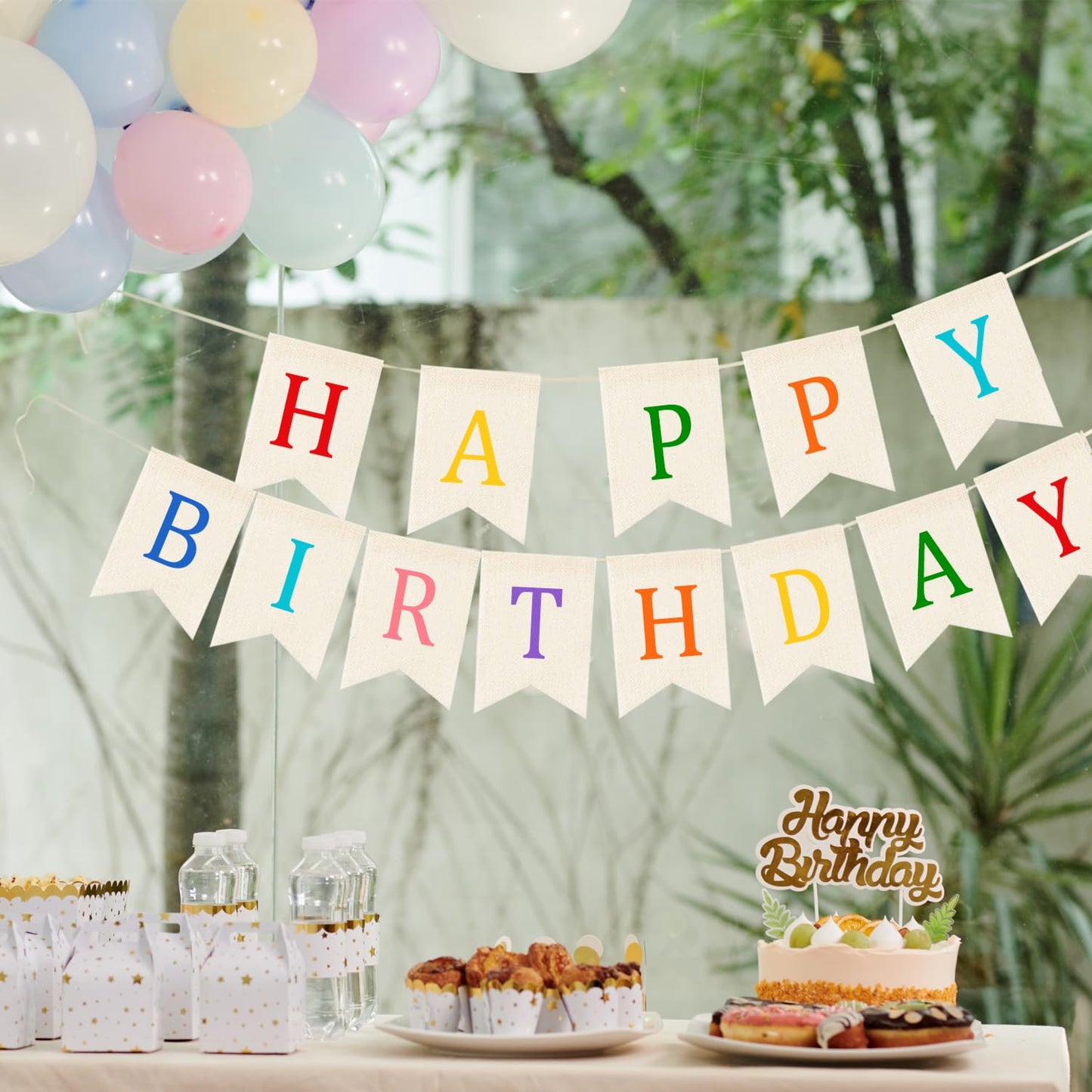 Doumeny Happy Birthday Burlap Banner Boho Birthday Garland Banner Rainbow Bohemian Bunting Garland White Birthday Hanging Bunting Multicolor Birthdays Sign Party Flag for Home Mantel Fireplace Nursery