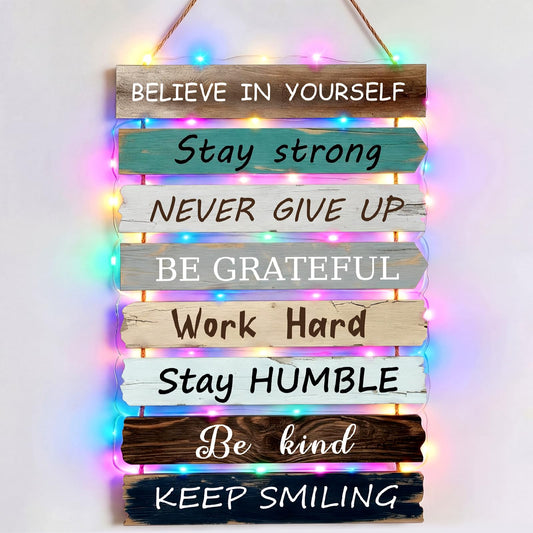 Lewtemi Inspirational Wall Art Decor for Office with LED Light 19 x 11.4 Inch Wooden Rustic Hanging Motivational Wall Sign Inspiring Positive Quotes Sign for Office Home Living Room Bedroom (Classic)