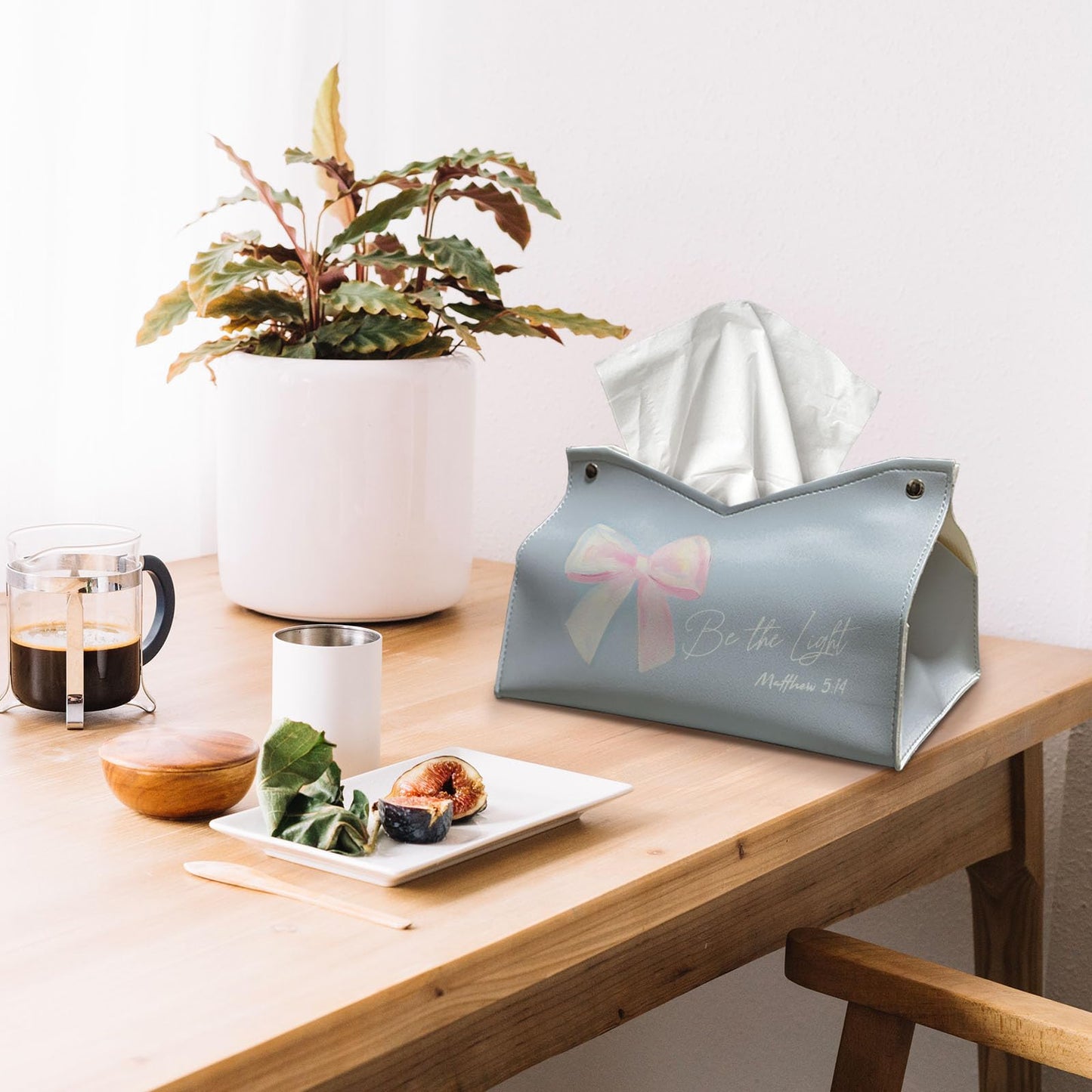 Blue Pink Bows Tissue Box Cover Rectangle, Christian Decorative Facial Tissues Boxes for Living Room Desk, Bible Be The Light PU Leather Tissue Holder for Bathroom Kitchen 9.8x5.9x5.9