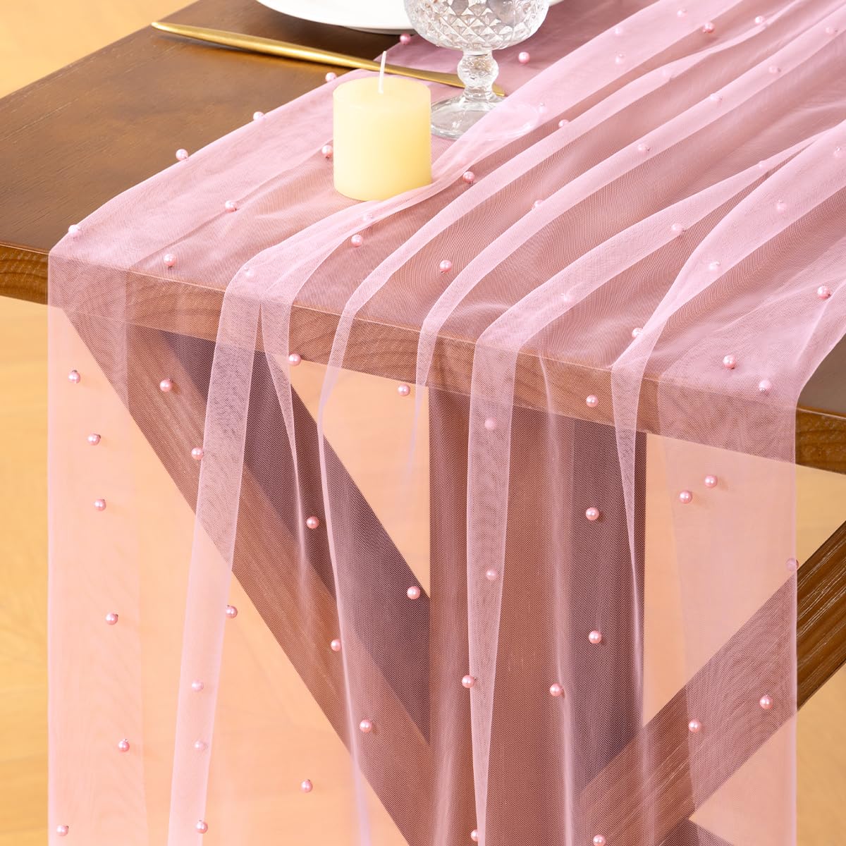 Socomi Pearl Table Runner Tulle Pink Summer Cheesecloth 10FT Gauze Cheese Cloth Sheer Chiffon Dining Wedding Birthday Party Baby Shower Bridal Engagement Anniversary Holiday Centerpiece Table Decor