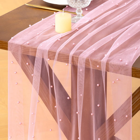 Socomi Pearl Table Runner Tulle Pink Summer Cheesecloth 10FT Gauze Cheese Cloth Sheer Chiffon Dining Wedding Birthday Party Baby Shower Bridal Engagement Anniversary Holiday Centerpiece Table Decor