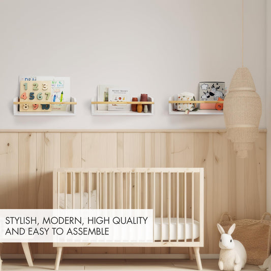 Decorative Nursery Bookshelves for Kids - Set of 3 Easy to Install Floating Shelves for Wall Mount - Beautiful Hanging Organizer Furniture for Your Baby Boy or Girl's Bedroom and Play Room Decor