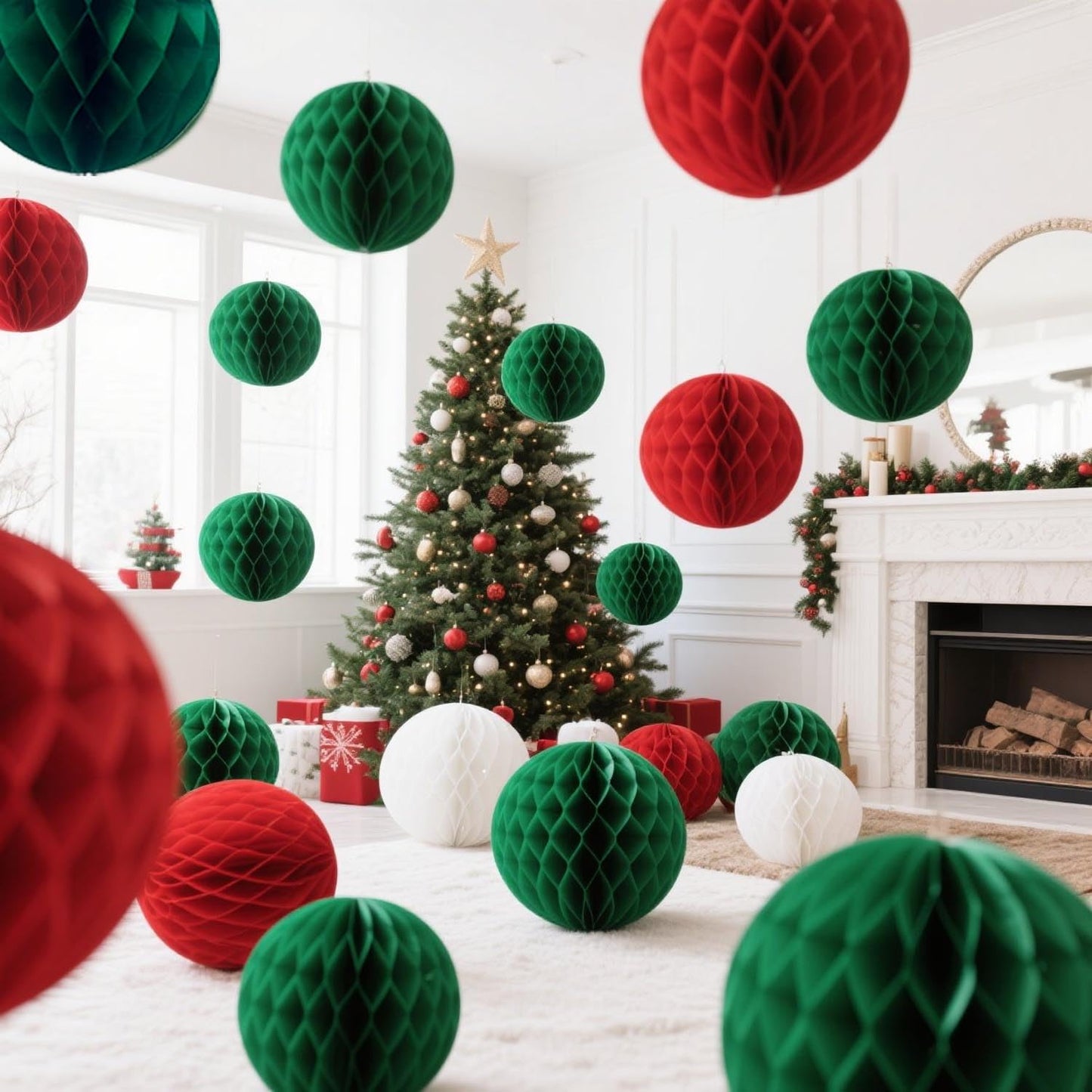 brzikwt 12 Pcs Red White and Green Paper Honeycomb Flower Balls for Christmas Party Ceiling Wall Hanging Tissue Pom Poms Decor (6 inch & 10 inch)