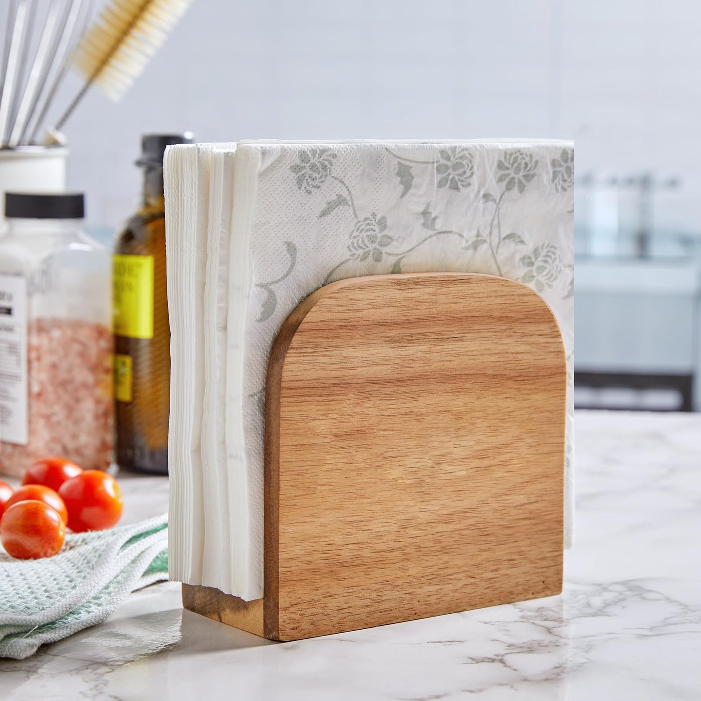 ALELION Acacia Wood Napkin Holder for Table, Wooden Upright Napkin Holders for Kitchen, Standing Napkin Dispenser for Kitchen Dining Room Party Cocktail Outdoor Use