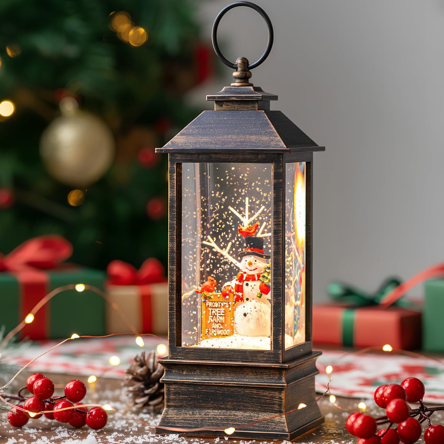 Christmas Snow Globe Water Glittering Farm Snowman with Music & Timer, USB Lined/Battery Operated Lighted Lantern for Christmas Festival Decoration Gifts