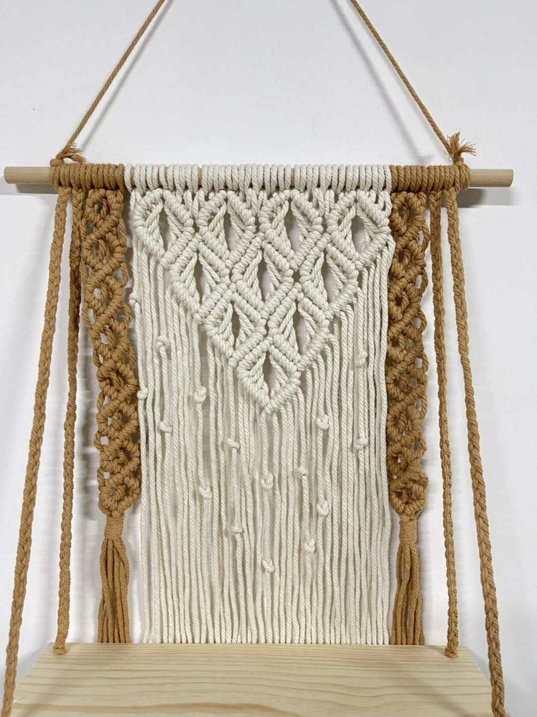 Decorative Wooden Macrame Shelf, Boho Wall Hanging Decor, Rope Plant Flower Hanger Pot Holder, Beige & Brown, 50cm x 75cm (MYG-0324)