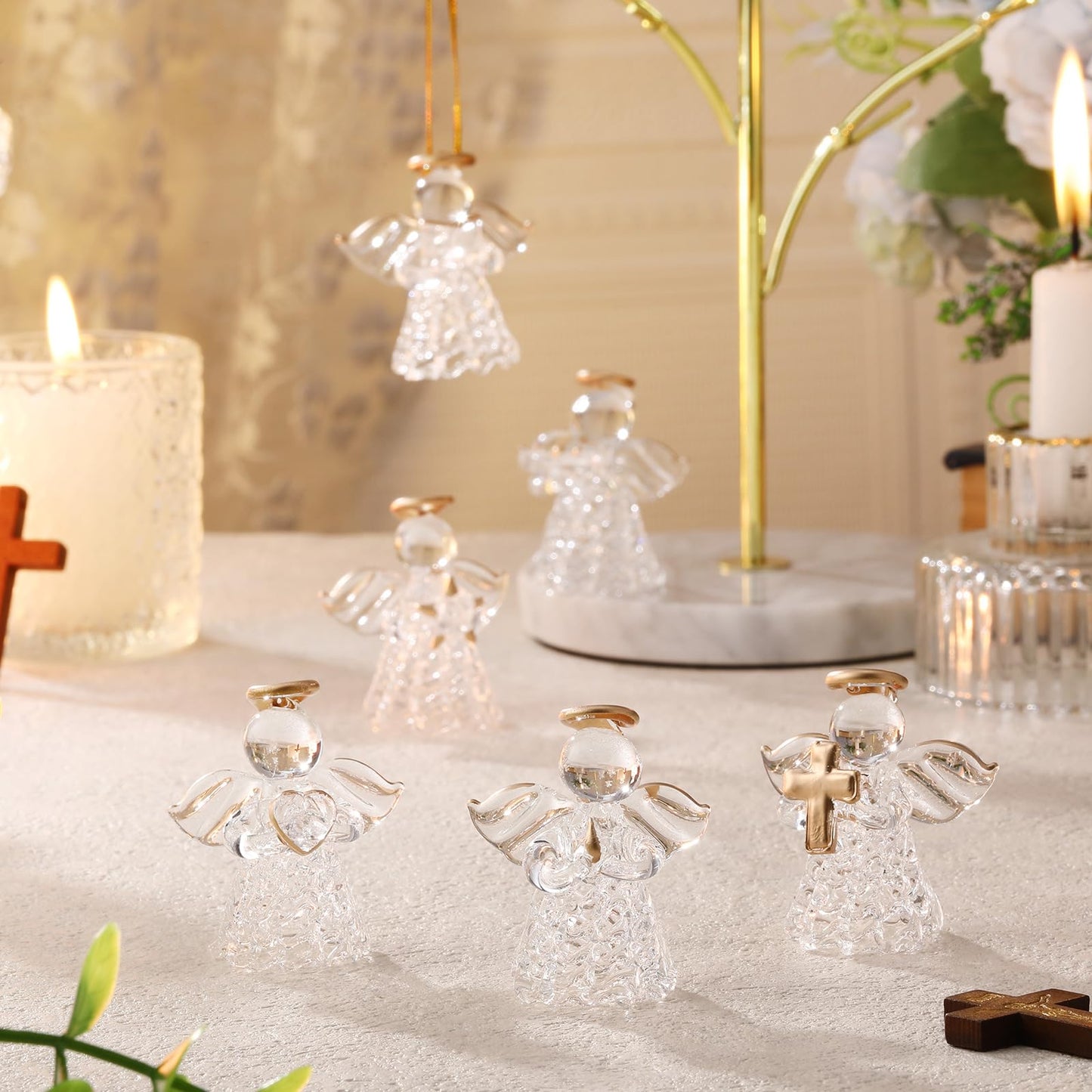 CroBlissful 6 Pcs Glass Angel Figurines Crystal Ornaments Hanging Guardian Angel Gifts for Christian Church Easter Mother's Day Holiday Decor, 6 Styles